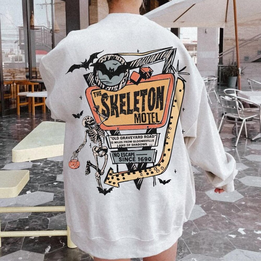 Skeleton Motel Sweatshirt Trendy Vintage Halloween Crewneck Retro Halloween 90s